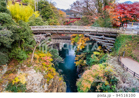 山梨県大月市　紅葉に染まる甲斐の猿橋 94516100
