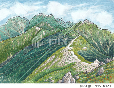 南アルプス茶臼岳山頂から　南アルプス南部の山々　兎岳、聖岳、上河内岳 94516424