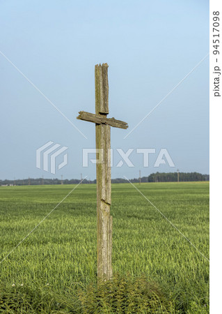 A field with a grain harvest and a wooden religious cross A field with a grain harvest and a wooden religious cross 94517098