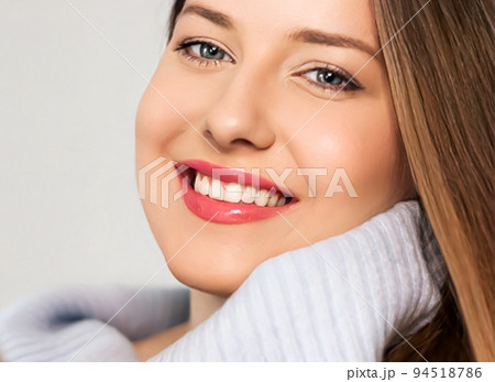 Autumn winter fashion and knitwear, beautiful woman wearing warm knitted sweater, close-up portrait Autumn winter fashion and knitwear, beautiful woman wearing warm knitted sweater, close-up portrait 94518786