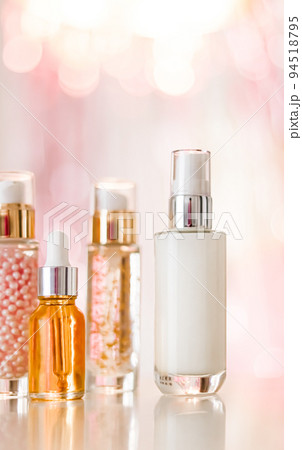 Skincare cosmetics products on glamour background, glass bottles with serum, oil, face cream moisturiser, facial lotion, cleanser as skin care cosmetic set on glossy marble, body care routine and Skincare cosmetics products on glamour background, glass bottles with serum, oil, face cream moisturiser, facial lotion, cleanser as skin care cosmetic set on glossy marble, body care routine and 94518795