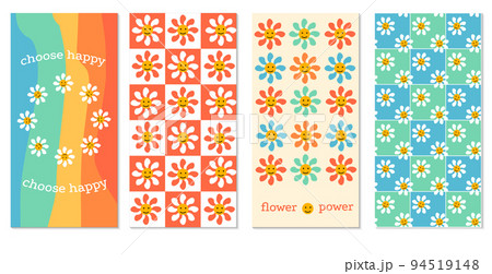Set of templates for design in retro style 1970. Small daisies and smileys. Set of templates for design in retro style 1970. Small daisies and smileys. 94519148