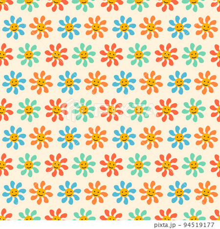 Small multicolored retro 1970s daisies and emojis. Summer groovy and trippy pattern.  94519177