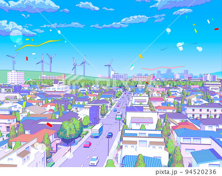 住宅街CG パステルカラー 街並み 風車 背景 ポップ 住宅街CG パステルカラー 街並み 風車 背景 ポップ 94520236