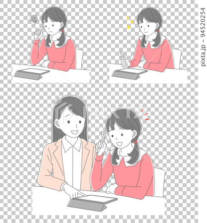 Illustration set of a female student studying on a tablet and a female teacher teaching Illustration set of a female student studying on a tablet and a female teacher teaching 94520254