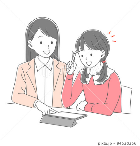 タブレットで勉強をする女子学生と勉強を教える女性教師 94520256