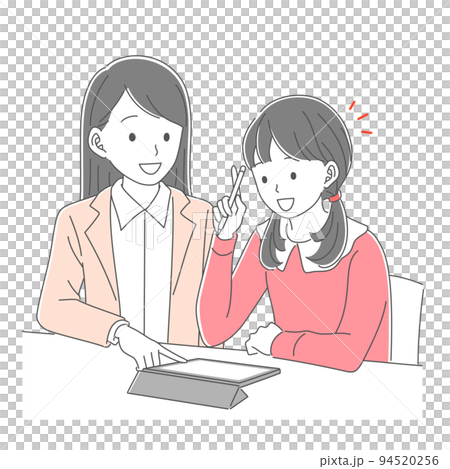 タブレットで勉強をする女子学生と勉強を教える女性教師 94520256