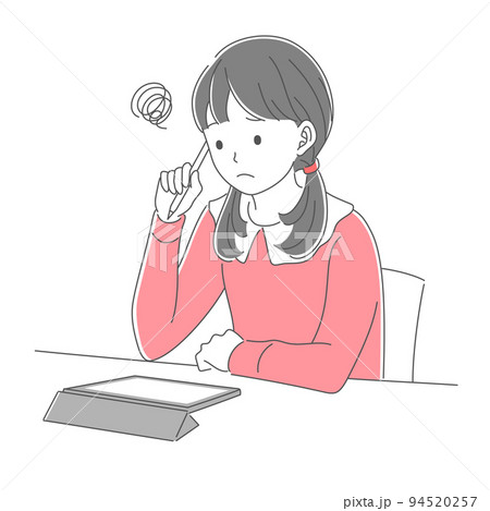 タブレットで勉強をする困った表情の女子学生 94520257