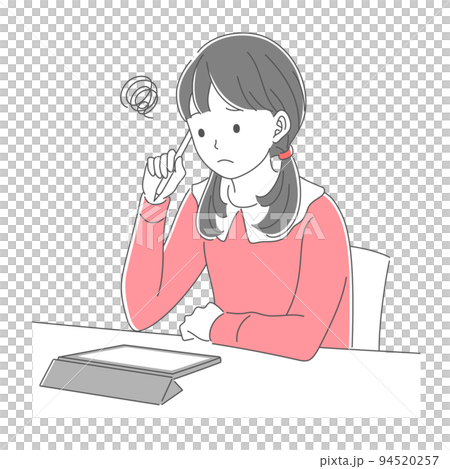 タブレットで勉強をする困った表情の女子学生 94520257