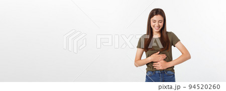 Happy woman Laughing. Closeup portrait woman smiling with perfect smile isolated grey background. Positive human emotion 94520260