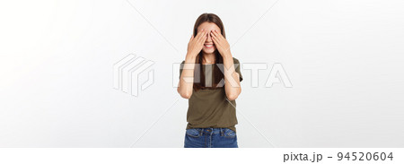 Close up photo beautiful lady arms hands raised hiding amazed full fear eyes facial expression scary movie hate thrillers. Close up photo beautiful lady arms hands raised hiding amazed full fear eyes facial expression scary movie hate thrillers. 94520604