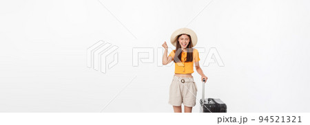 Woman tourist. Full length happy young woman standing with suitcase with exciting gesturing, isolated on white background. Woman tourist. Full length happy young woman standing with suitcase with exciting gesturing, isolated on white background. 94521321