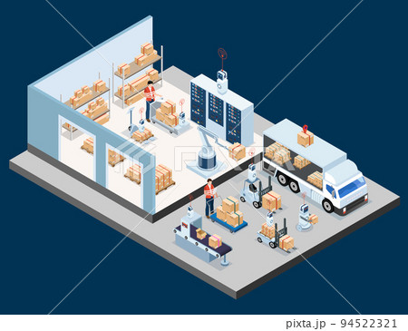 3D isometric Smart logistics concept with Warehouse Logistic, Workers loading products, transportation truck use wireless technoloty. Eps10 vector illustration 3D isometric Smart logistics concept with Warehouse Logistic, Workers loading products, transportation truck use wireless technoloty. Eps10 vector illustration 94522321