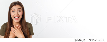 Portrait joyful outgoing woman likes laugh out loud not hiding emotions giggling chuckling facepalm close eyes smiling broadly white background 94523207