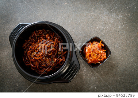 Korean black spaghetti or instant noodle with roasted chajung sauce Korean black spaghetti or instant noodle with roasted chajung sauce 94523789