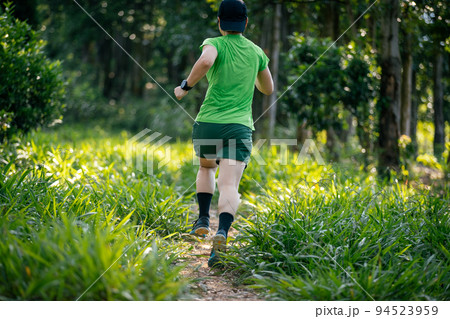 Woman trail runner running at tropical forest mountain peak Woman trail runner running at tropical forest mountain peak 94523959