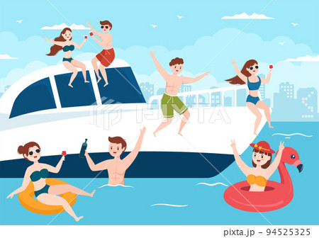 Yachts Template Hand Drawn Cartoon Flat Illustration with People Dancing, Sunbathing, Drinking Cocktails and Relaxing on Cruise Yacht at Ocean 94525325