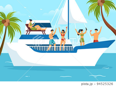 Yachts Template Hand Drawn Cartoon Flat Illustration with People Dancing, Sunbathing, Drinking Cocktails and Relaxing on Cruise Yacht at Ocean Yachts Template Hand Drawn Cartoon Flat Illustration with People Dancing, Sunbathing, Drinking Cocktails and Relaxing on Cruise Yacht at Ocean 94525326