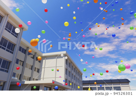 青空に飛翔する無数の風船と学校の校舎 / 文化祭・学園祭・秋のイベント・青春とノスタルジーのイメージ 青空に飛翔する無数の風船と学校の校舎 / 文化祭・学園祭・秋のイベント・青春とノスタルジーのイメージ 94526301