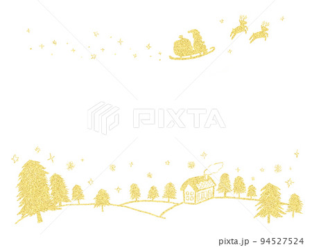 クリスマス 空を飛ぶサンタクロースとトナカイと冬の森の家 シルエット：シンプルな手描きイラスト 94527524