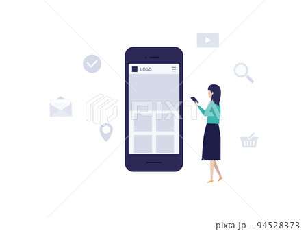 スマートフォンでインターネットを楽しむ若い女性のイラスト素材 94528373