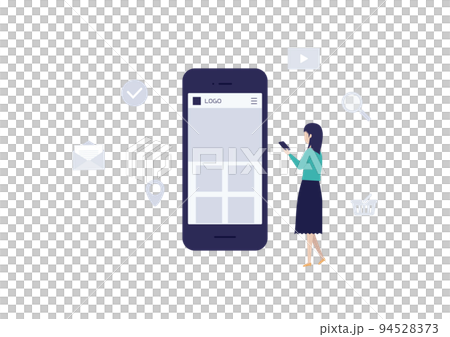 スマートフォンでインターネットを楽しむ若い女性のイラスト素材 94528373