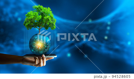 Man hand holding smartphone with Technology Economic. Tree growing on digital ball and abstract background. Green computing, Green IT, csr, IT ethics, and Environmental friendly Concept. 94528605