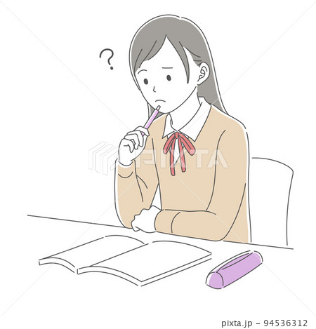 困った表情で勉強する女子学生 94536312