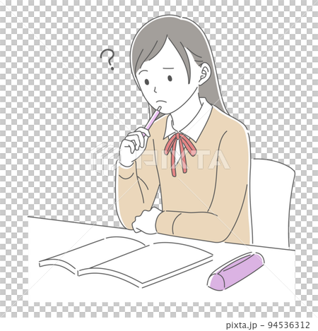 困った表情で勉強する女子学生 94536312