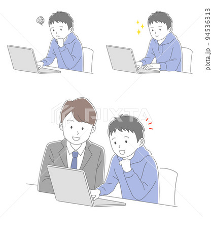パソコンで勉強をする男子学生と教える男性教師のイラスト素材セット 94536313