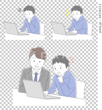 パソコンで勉強をする男子学生と教える男性教師のイラスト素材セット 94536313