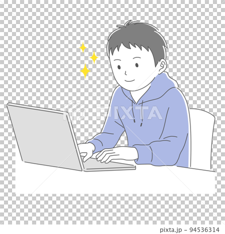 パソコンで勉強をする生き生きした表情の男子学生 94536314