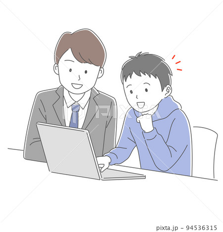 パソコンで勉強をする男子学生と勉強を教える男性教師 94536315