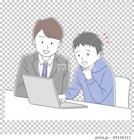 パソコンで勉強をする男子学生と勉強を教える男性教師 94536315