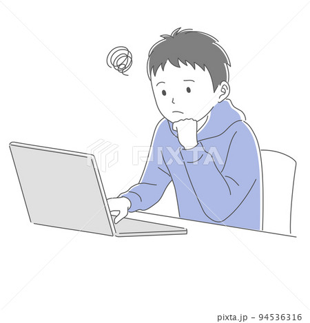 パソコンで勉強をする困った表情の男子学生 94536316
