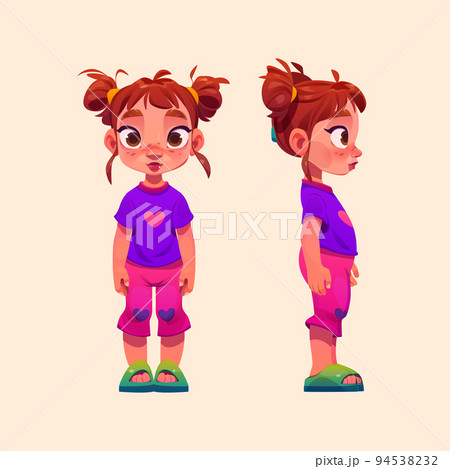Cartoon Little Girl, Front And Profile Side View - Stock Illustration  [94538232] - Pixta