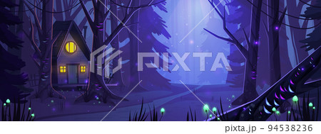 Witch house in dark wood with glowing mushrooms 94538236