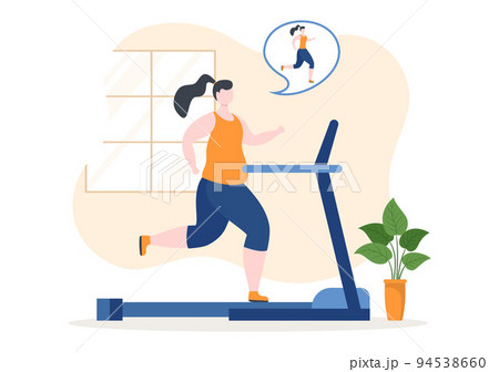 Weight Loss Template Hand Drawn Cartoon Flat Illustration of People Overweight doing Exercise, Training and Planning Diet for a Slim Body 94538660