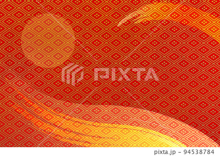 濃い朱色の和紙に金の筆ラインと和柄 94538784
