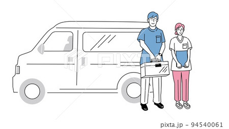 訪問診療車の前に立つ医師と看護師(歯科医師と歯科衛生士) 訪問診療車の前に立つ医師と看護師(歯科医師と歯科衛生士) 94540061