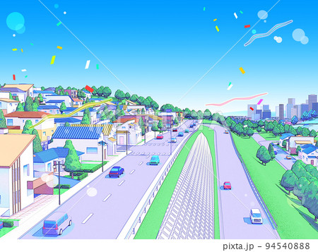 住宅街CG 　パステルカラー　街並み　風景　背景 　ポップ 94540888