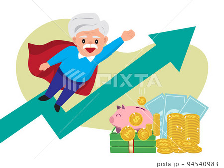 Pension income, profit, family budget Retirement concept, male characters, senior, save money, earn profit, pile coins and banknotes, vector 94540983