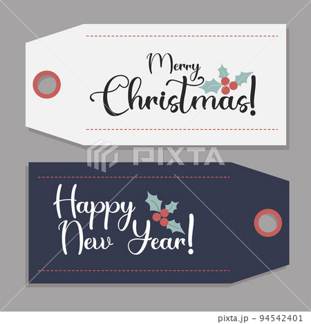 Christmas template and gift tag. Card labels Happy New Year and Merry Christmas with decor. Vector illustration, design templates. horizontal card Xmas and New 2023 Year celebration Christmas template and gift tag. Card labels Happy New Year and Merry Christmas with decor. Vector illustration, design templates. horizontal card Xmas and New 2023 Year celebration 94542401