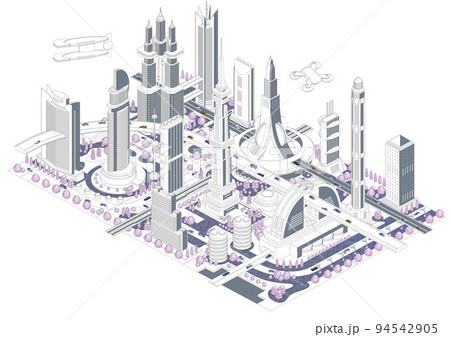 ブロックのように組み合わせれば大きな未来都市になる街並みイラスト　バリエーションあり 94542905
