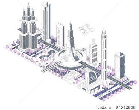 ブロックのように組み合わせれば大きな未来都市になる街並みイラスト　バリエーションあり 94542909
