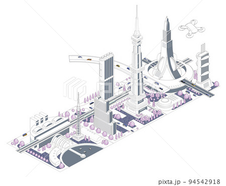 ブロックのように組み合わせれば大きな未来都市になる街並みイラスト　バリエーションあり 94542918