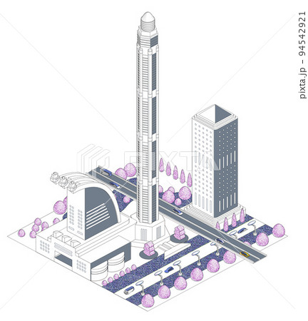 ブロックのように組み合わせれば大きな未来都市になる街並みイラスト　バリエーションあり 94542921