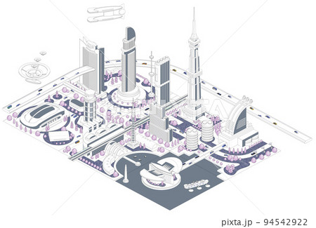 ブロックのように組み合わせれば大きな未来都市になる街並みイラスト　バリエーションあり 94542922