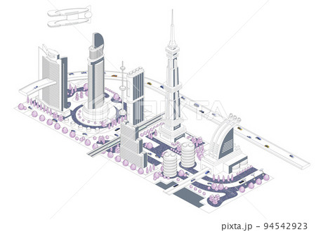 ブロックのように組み合わせれば大きな未来都市になる街並みイラスト　バリエーションあり 94542923