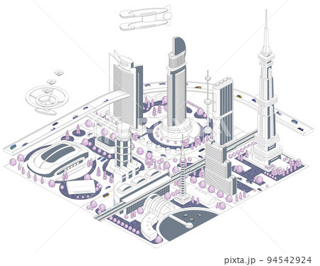 ブロックのように組み合わせれば大きな未来都市になる街並みイラスト　バリエーションあり 94542924